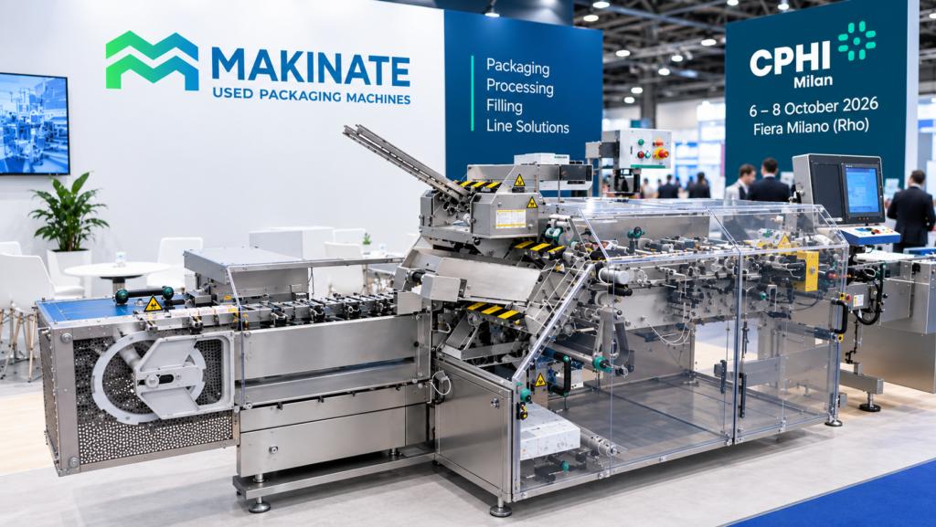 Machine de conditionnement pharmaceutique exposée sur le stand Makinate au salon CPHI Milan 2026, Fiera Milano Rho